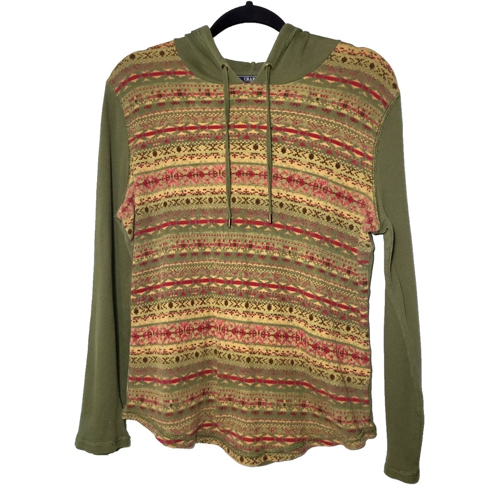 Chaps Olive Southwest Pattern Waffle Hooded Shirt Lightweight Size Large Boho